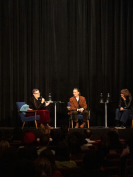 Foto von drei Panelgästen auf der Bühne im Stadtkino Wien 