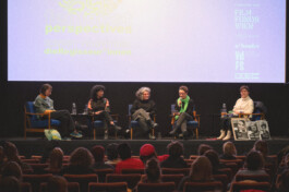 Foto von Panelgästen und Moderation auf der Bühne im Stadtkino Wien 