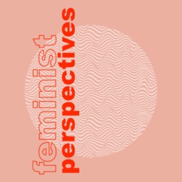 FEMINIST PERSPECTIVES Logo, red logo on salmon colored background. 